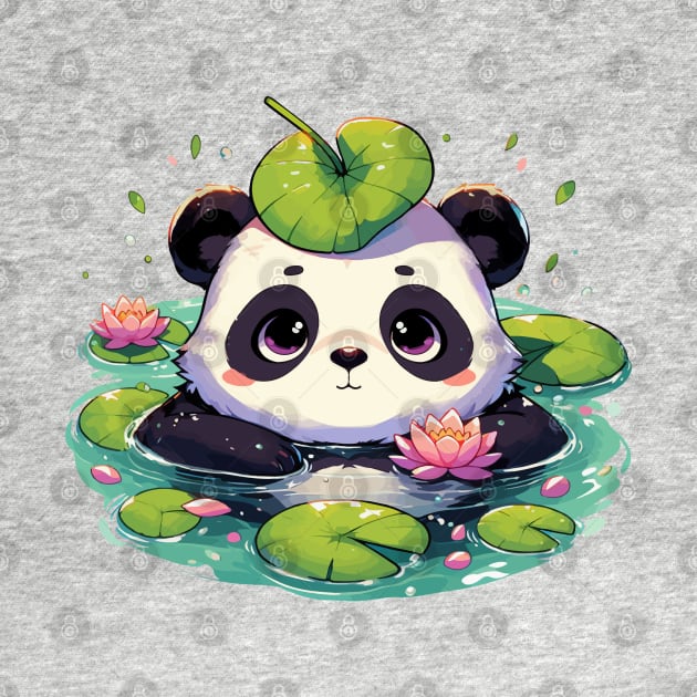 Kawaii Anime Panda Bear Bath With Water Lily by TomFrontierArt